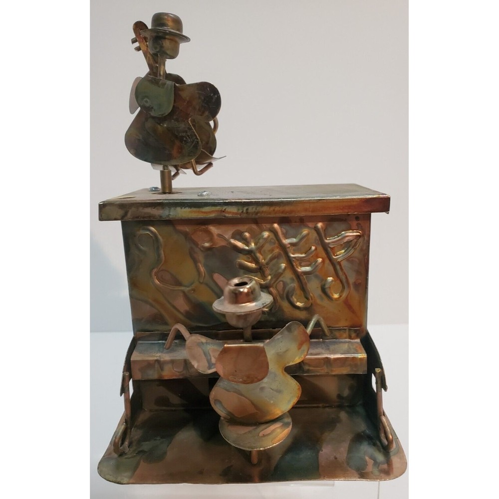 Berkeley~Copper Musical Sculpture Piano Man w/Spinning Bass Player~7.5” Tall